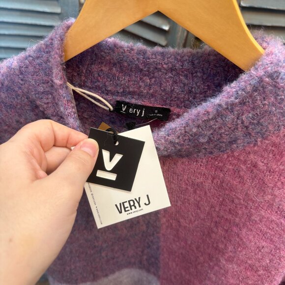 Very J ECO Oversized Purple Color Block Cozy Knit Sweater Top - Picture 2 of 7